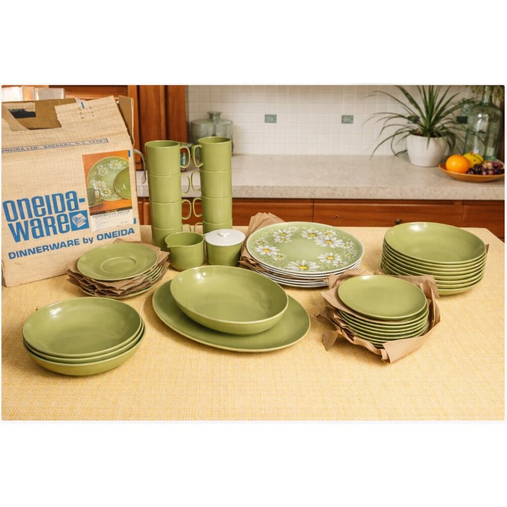 Oneida Felicia Homemaker Series‎ 45-Piece Dinner Set for 8 daisy Avacado green